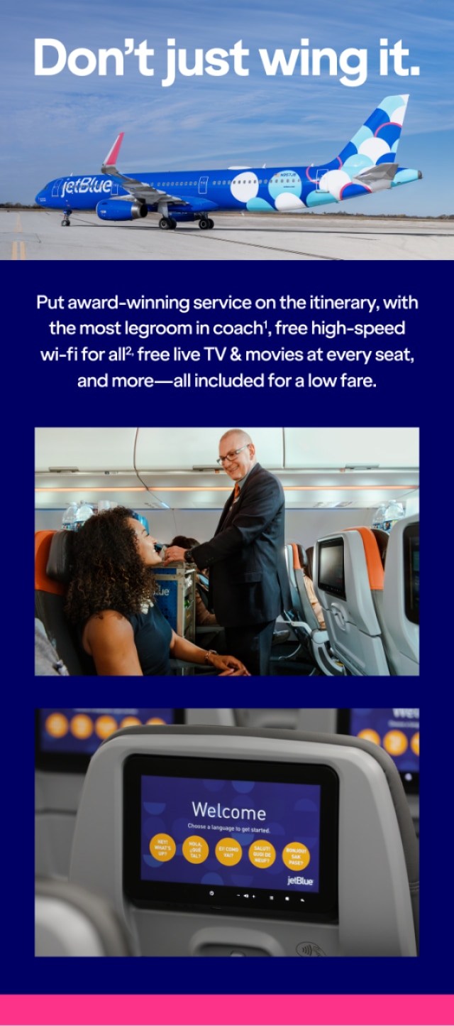 Don't just wing it. Put award-winning service on the itinerary, with the most legroom in coach(1), free high-speed wi-fi for all(2), free live TV & movies at every seat, and more-all included for a low fare.