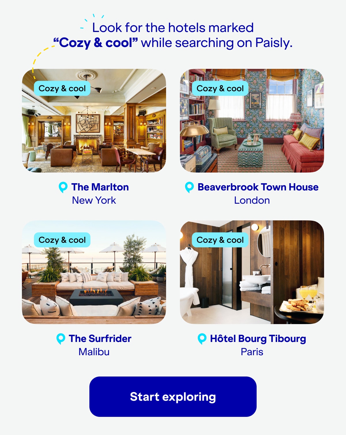 Look for the hotels marked Cozy & cool while searching on Paisly. Hotels include: The Marlton in New York, Beaverbrook Town House in London, The Surfrider in Malibu, and Hotel Bourg Tibourg in Paris. Click here to start exploring.