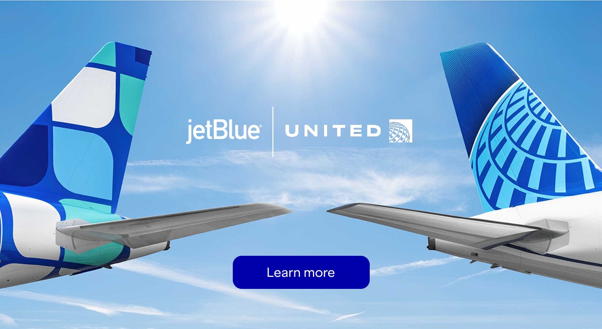 JetBlue | United. Click here to learn more. Image of a JetBlue plane tail and a United plane tail.