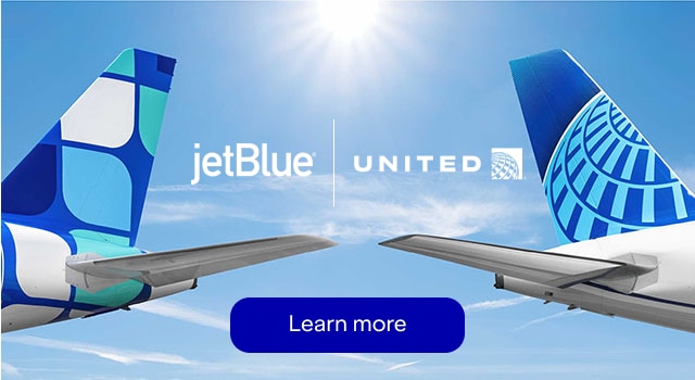 JetBlue | United. Click here to learn more. Image of a JetBlue plane tail and a United plane tail.
